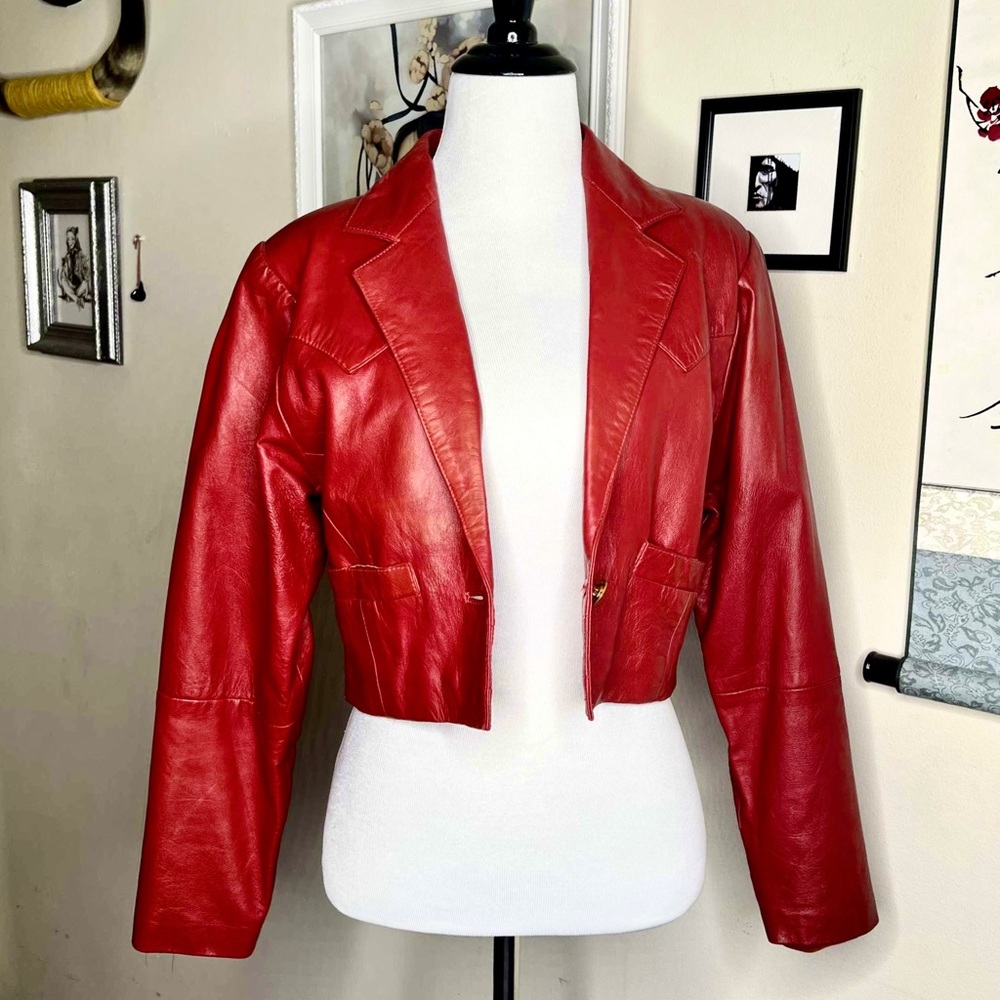 Vintage Cropped Red Leather Jacket Gem